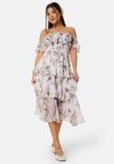 Goddiva Floral Bardot Pleated Midi Dress Multi M (UK12)