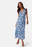 VILA Vipeffi lira V-Neck wrap midi dress White/Blue/Patterned S