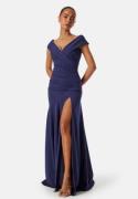 Goddiva Bardot Pleat Maxi Split Dress Dark blue XS (UK8)