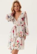 Goddiva Floral Long Sleeve Tiered Skater Dress White Floral XXS (UK6)