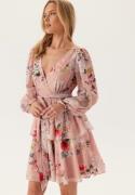 Goddiva Floral Long Sleeve Tiered Skater Dress Peach Floral M (UK12)
