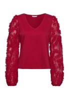 3D Floral Sleeve V-Neck Top Red Bubbleroom