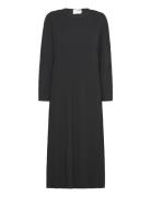 Slfsilla Ls O-Neck Plisse Midi Dress Black Selected