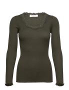 Rwbabette Silk Ls U-Neck Lace T-Shi Khaki Rosemunde