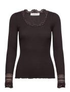 Rwbenita Silk Ls O-Neck Lace T-Shir Brown Rosemunde