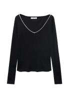 V-Neck Combined-Fabric T-Shirt Navy Mango