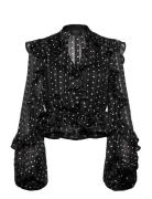 Frill Detail Spot Blouse Black Bardot