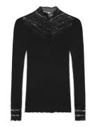 Rwbenita Silk Ls Lace T-Neck T-Shi Black Rosemunde