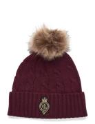 Crest-Patch Pom-Pom Cable-Knit Beanie Burgundy Lauren Ralph Lauren