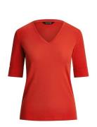 Stretch Cotton Elbow-Sleeve V-Neck Tee Red Lauren Ralph Lauren