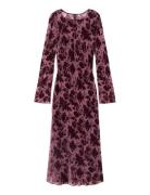 Floral Jacquard Dress With Bell Sleeves Burgundy Mango