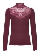 Rwbeatha Silk Ls Lace T-Neck T-Shir Burgundy Rosemunde