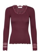 Rwbenita Silk Ls O-Neck Lace T-Shir Burgundy Rosemunde