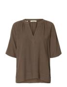 Slfviva 2/4 V-Neck Linen Blend Top Noos Brown Selected