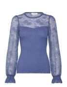 Rwbeatha Silk Ls Full Lace T-Shirt Blue Rosemunde