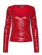 Sequins Ls V-Neck Top Red ROTATE