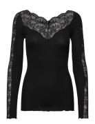 Rwbeatha Silk Ls Lace T-Shirt Black Rosemunde