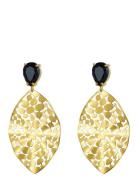 Leaf Crystal Earring Black/Black Gold Bud To Rose