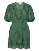 Pleated Georgette V-Neck Smock Mini Dress Lyhyt Mekko Green Ganni