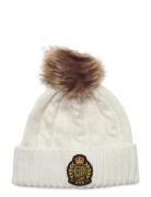 Crest-Patch Pom-Pom Cable-Knit Beanie Accessories Headwear Beanies Whi...