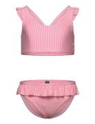 Bikini W. Skirt, Seersucker Bikinit Pink Color Kids