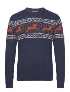 Slhreindeer Ls Cable Knit Crew Ex Tops Knitwear Round Necks Navy Selec...