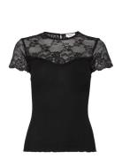 Silk T-Shirt W/ Lace Tops T-shirts & Tops Short-sleeved Black Rosemund...