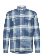 Classic Fit Distressed Plaid Twill Shirt Tops Shirts Casual Blue Polo ...