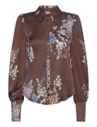 Satin Fitted Shirt Tops Shirts Long-sleeved Brown By Ti Mo