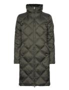 Diamond-Quilted Funnelneck Down Coat Topattu Pitkä Takki Khaki Green L...