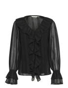 Crsadia Flounce Blouse Tops Blouses Long-sleeved Black Cream