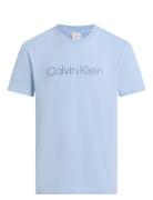 Textured Embroidery Logo T-Shirt Tops T-shirts Short-sleeved Blue Calv...