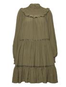 Smocked And Tiered Long Sleeved Dress Lyhyt Mekko Khaki Green Scotch &...