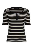 Striped Elbow-Sleeve Henley Top Tops T-shirts & Tops Short-sleeved Bla...