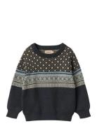Jacquard Pullover Julius Tops Knitwear Pullovers Navy Wheat