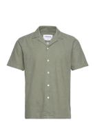 Casual Linen Blend Resort S/S Tops Shirts Short-sleeved Khaki Green Li...