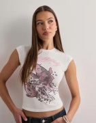 Ed Hardy - Valkoinen - Womens Koi Fish Diamante Cap Sleeve Tshirt Top